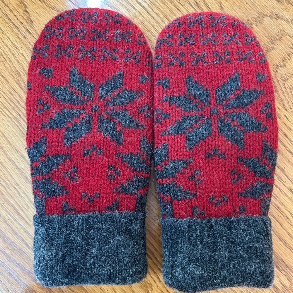 Felted Wool Mittens - Red/Gray - Hand Crafted from Repurposed Sweaters